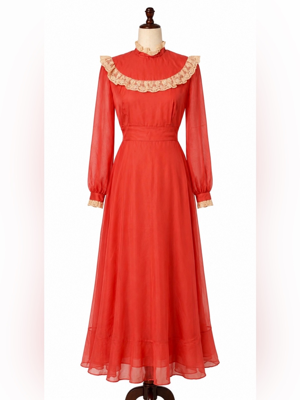 Vintage Red Long Sleeve Lace-Trim prairie Maxi Dress w/ lace trim- fits like XS